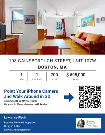 Image 1 - #107W, 108 Gainsborough Street, Fenway–Kenmore, Boston - Apartment for sale